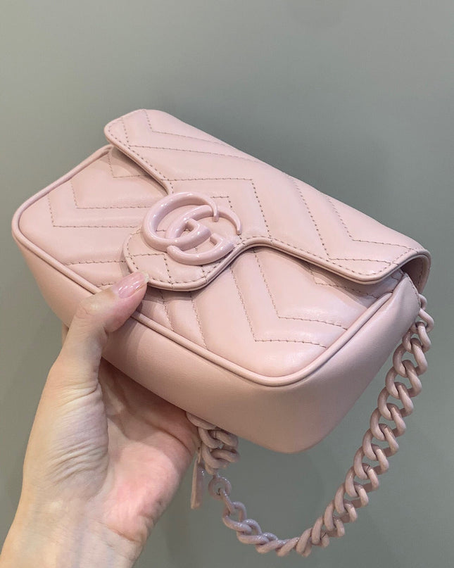 Gucci Marmont Belt Bag 699757 – Nude Rose Matelassé Leather with Chain Belt