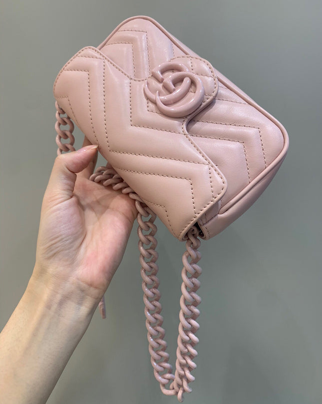 Gucci Marmont Belt Bag 699757 – Nude Rose Matelassé Leather with Chain Belt