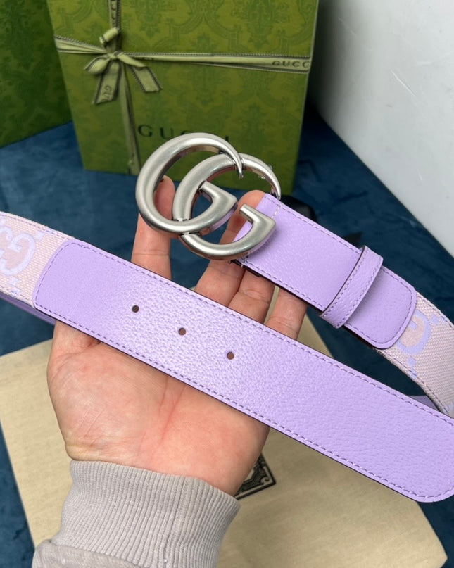Gucci Marmont Belt – Lavender Leather & Canvas with Silver-Tone Buckle