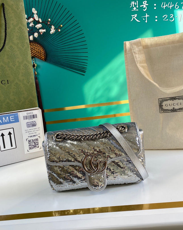 Gucci Marmont Mini Seqiin Shoulder Bag 446744 - Silver