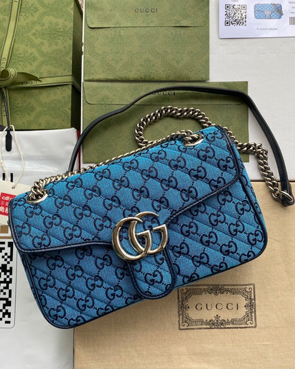 Gucci Marmont Multicolor Small Shoulder Bag 443497 – Blue Denim GG Embroidery