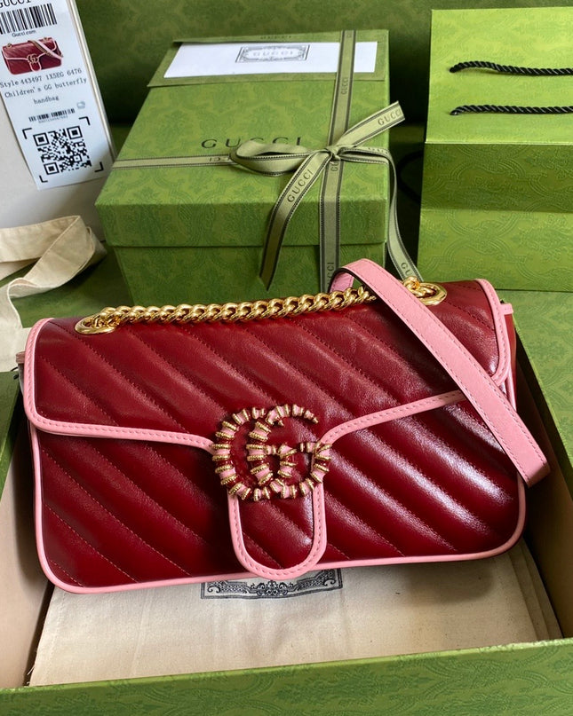 Gucci Marmont Small Shoulder Bag 443497 – Red Quilted Leather with Pink Trim