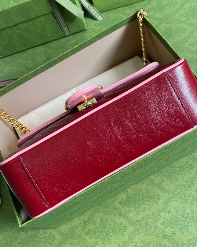 Gucci Marmont Small Shoulder Bag 443497 – Red Quilted Leather with Pink Trim