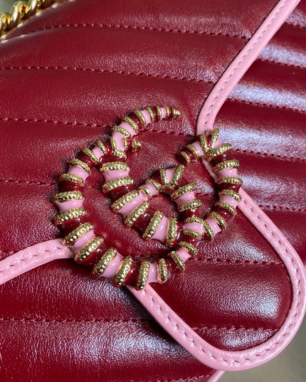 Gucci Marmont Small Shoulder Bag 443497 – Red Quilted Leather with Pink Trim