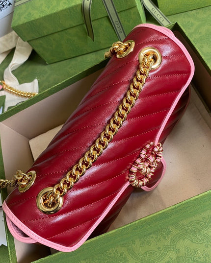 Gucci Marmont Small Shoulder Bag 443497 – Red Quilted Leather with Pink Trim