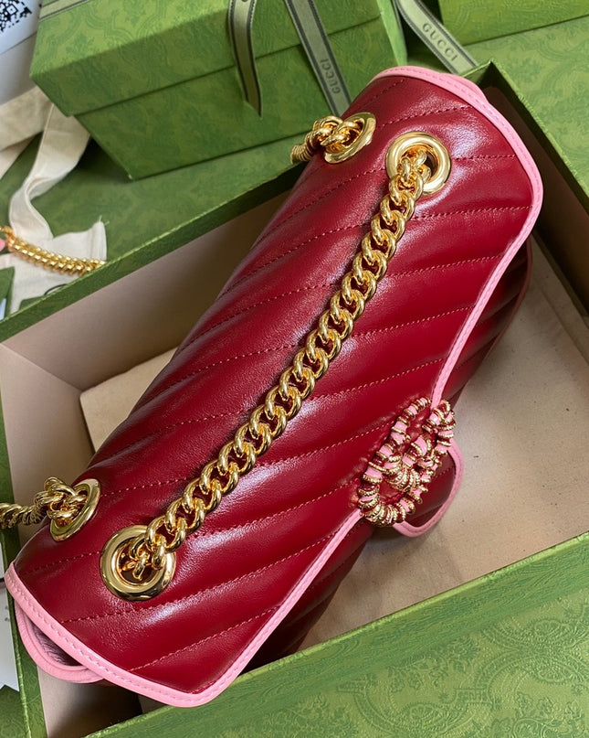 Gucci Marmont Small Shoulder Bag 443497 – Red Quilted Leather with Pink Trim