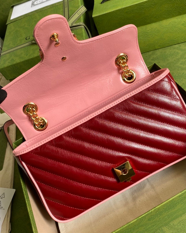 Gucci Marmont Small Shoulder Bag 443497 – Red Quilted Leather with Pink Trim
