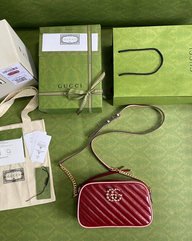 Gucci GG Marmont Mini Shoulder Bag – Red Matelassé with Crystal GG