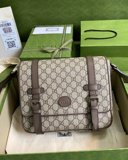 Gucci GG Supreme Messenger Bag with Buckle Flap – Beige/Brown