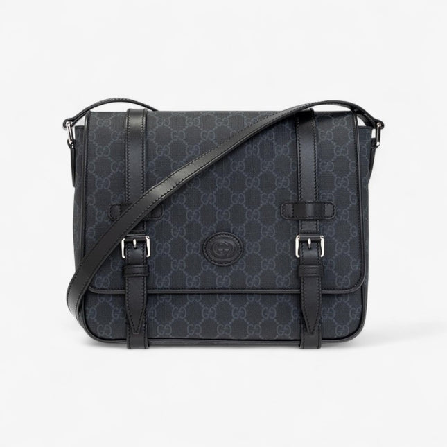 Gucci GG Supreme Messenger Bag with Buckle Flap – Black/Gray