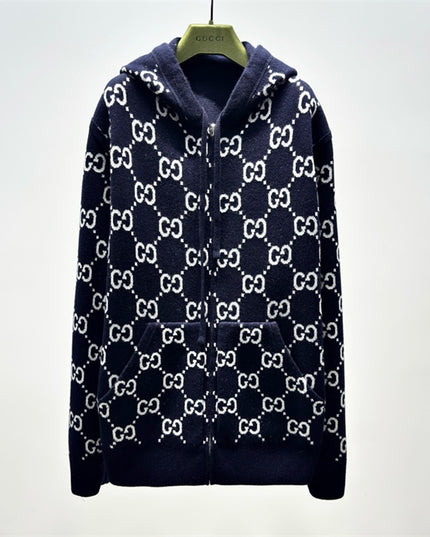 Gucci Monogram Wool Zip Hoodie – Navy & Ivory