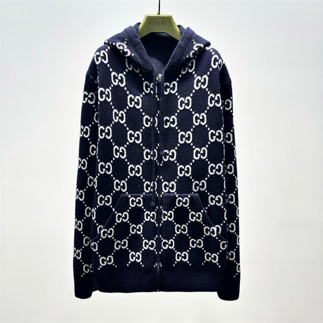 Gucci Monogram Wool Zip Hoodie – Navy & Ivory