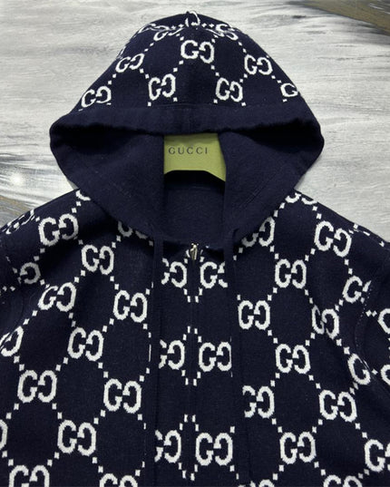 Gucci Monogram Wool Zip Hoodie – Navy & Ivory