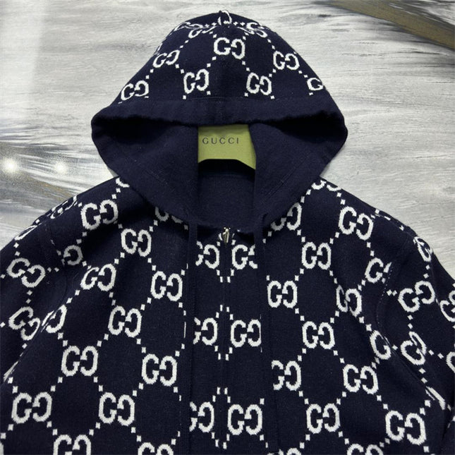 Gucci Monogram Wool Zip Hoodie – Navy & Ivory