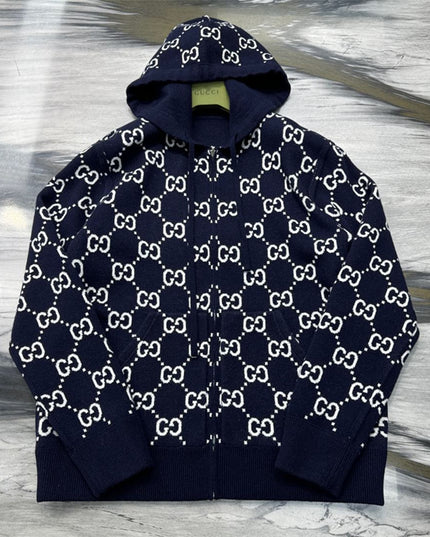 Gucci Monogram Wool Zip Hoodie – Navy & Ivory