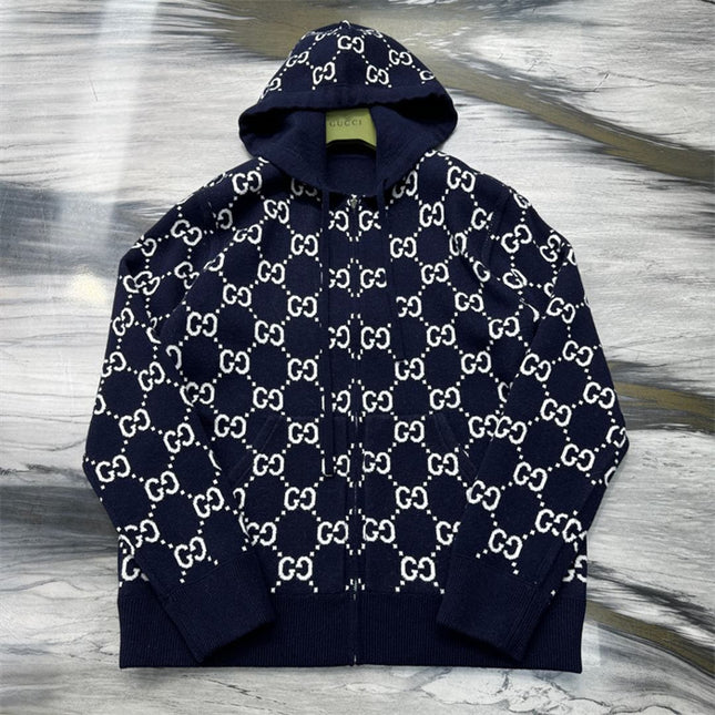 Gucci Monogram Wool Zip Hoodie – Navy & Ivory