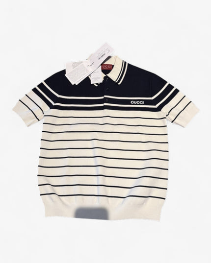 Gucci Navy & White Striped Knit Polo Sweater Shirt