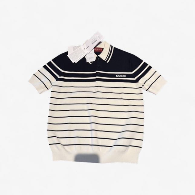 Gucci Navy & White Striped Knit Polo Sweater Shirt