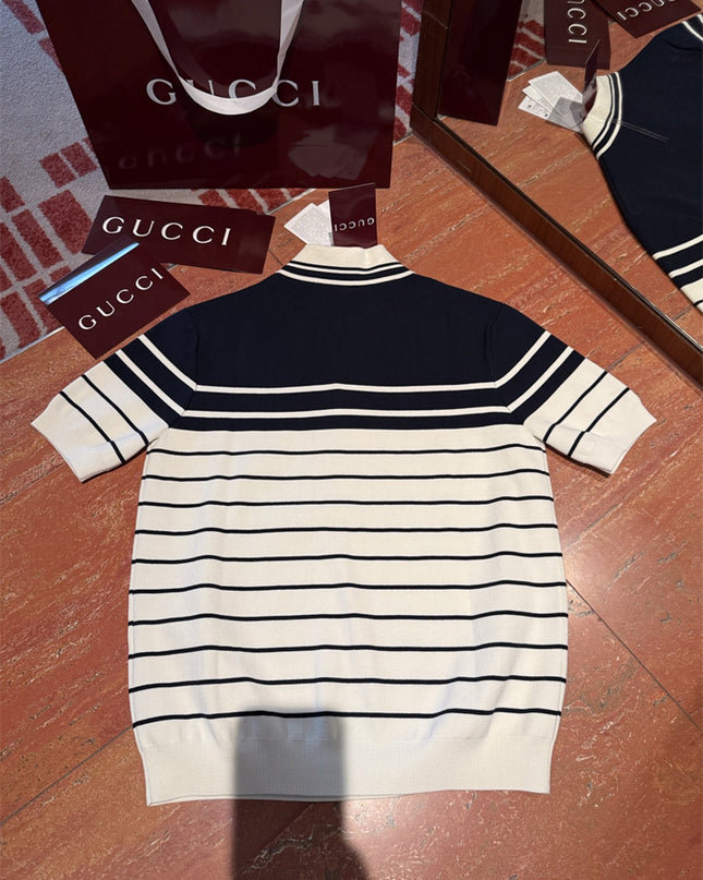 Gucci Navy & White Striped Knit Polo Sweater Shirt