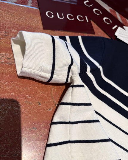 Gucci Navy & White Striped Knit Polo Sweater Shirt