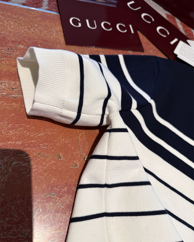 Gucci Navy & White Striped Knit Polo Sweater Shirt