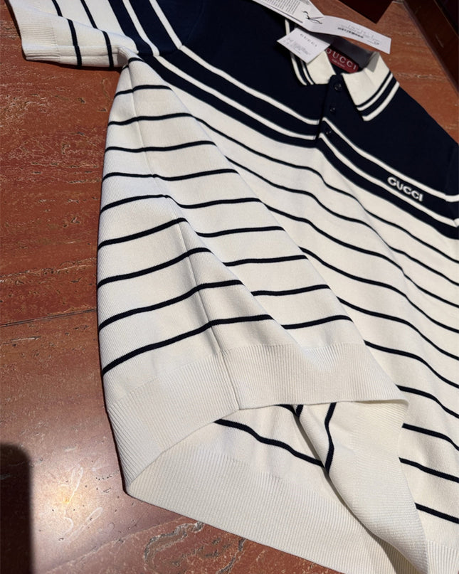 Gucci Navy & White Striped Knit Polo Sweater Shirt