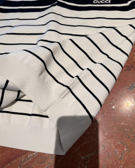 Gucci Navy & White Striped Knit Polo Sweater Shirt