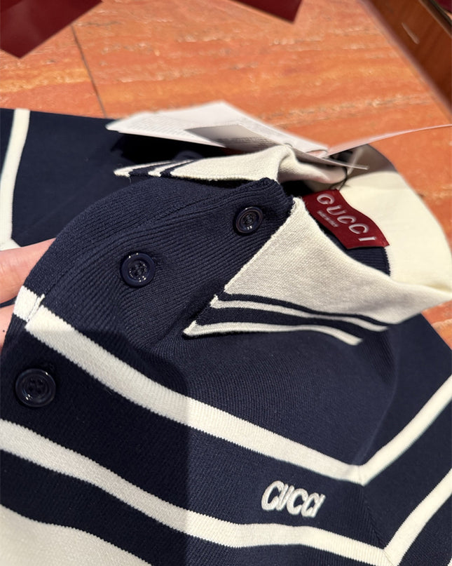 Gucci Navy & White Striped Knit Polo Sweater Shirt