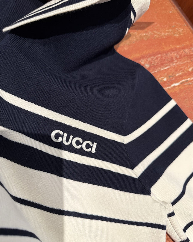 Gucci Navy & White Striped Knit Polo Sweater Shirt