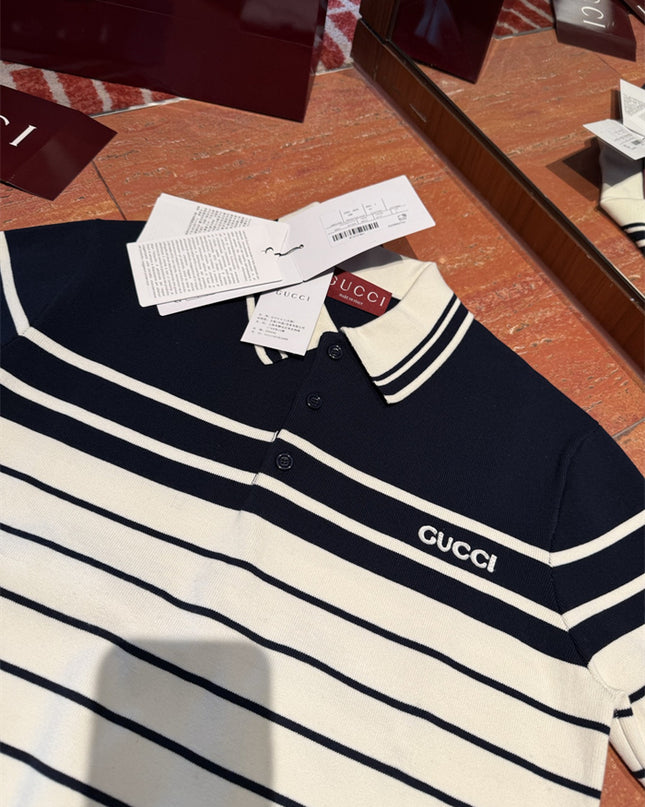 Gucci Navy & White Striped Knit Polo Sweater Shirt