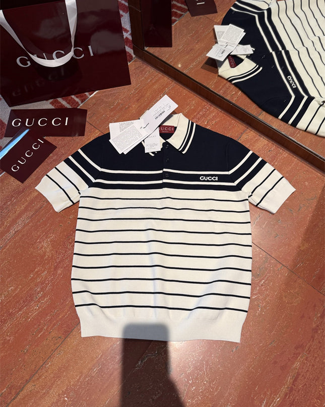 Gucci Navy & White Striped Knit Polo Sweater Shirt