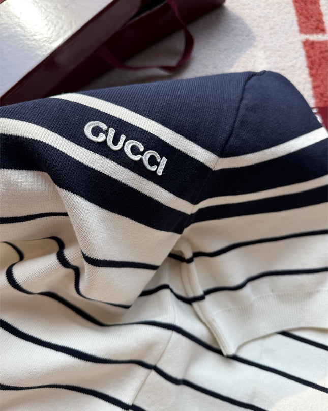 Gucci Navy & White Striped Knit Polo Sweater Shirt
