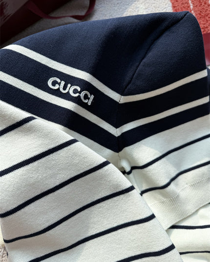 Gucci Navy & White Striped Knit Polo Sweater Shirt