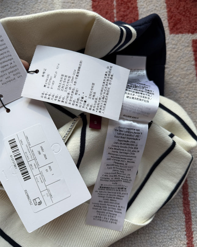 Gucci Navy & White Striped Knit Polo Sweater Shirt