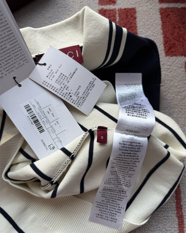 Gucci Navy & White Striped Knit Polo Sweater Shirt