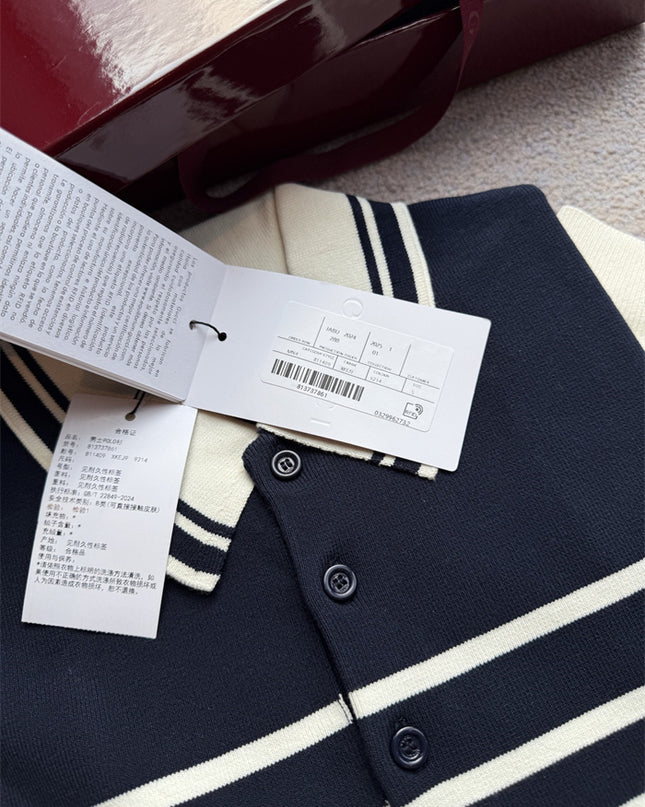 Gucci Navy & White Striped Knit Polo Sweater Shirt