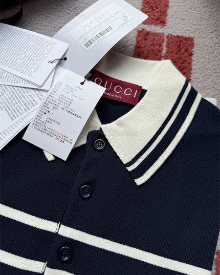 Gucci Navy & White Striped Knit Polo Sweater Shirt