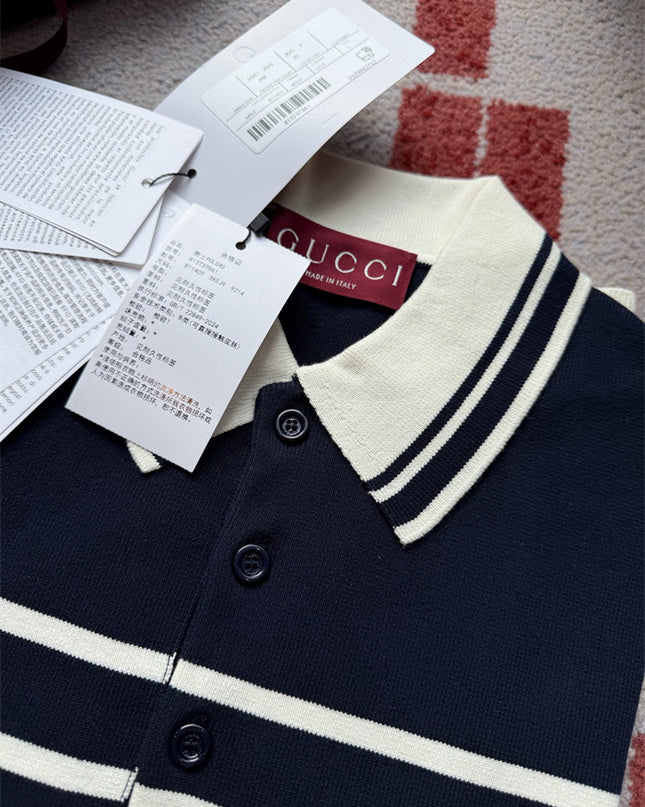 Gucci Navy & White Striped Knit Polo Sweater Shirt