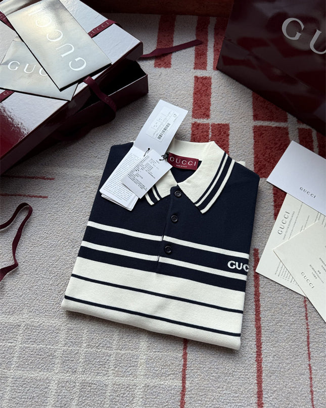 Gucci Navy & White Striped Knit Polo Sweater Shirt