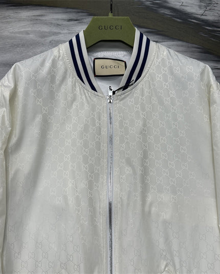 Gucci Off-White Satin GG Monogram Bomber Jacket