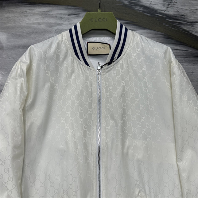 Gucci Off-White Satin GG Monogram Bomber Jacket