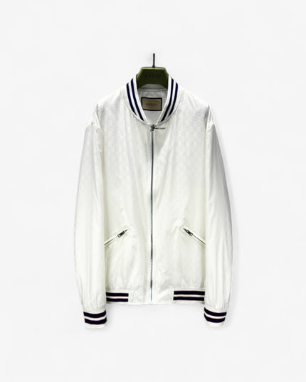 Gucci Off-White Satin GG Monogram Bomber Jacket