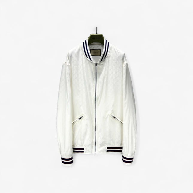 Gucci Off-White Satin GG Monogram Bomber Jacket
