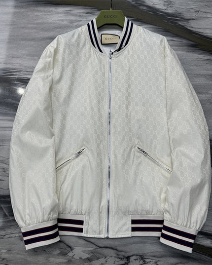 Gucci Off-White Satin GG Monogram Bomber Jacket