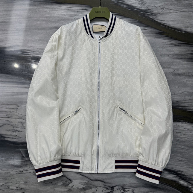Gucci Off-White Satin GG Monogram Bomber Jacket