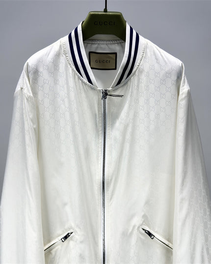 Gucci Off-White Satin GG Monogram Bomber Jacket