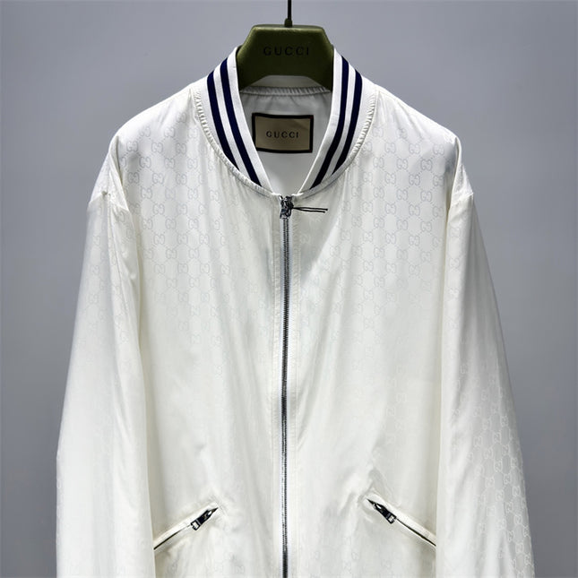 Gucci Off-White Satin GG Monogram Bomber Jacket