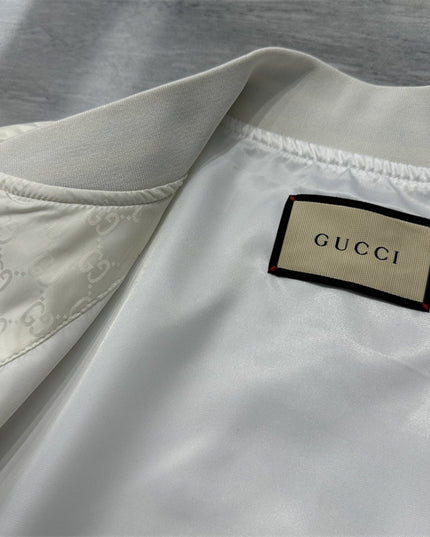 Gucci Off-White Satin GG Monogram Bomber Jacket