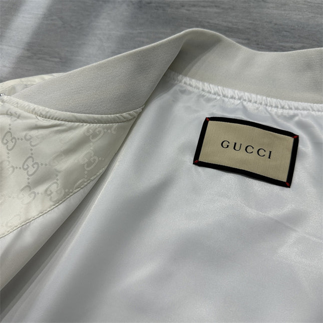 Gucci Off-White Satin GG Monogram Bomber Jacket
