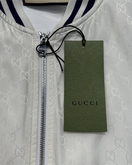 Gucci Off-White Satin GG Monogram Bomber Jacket